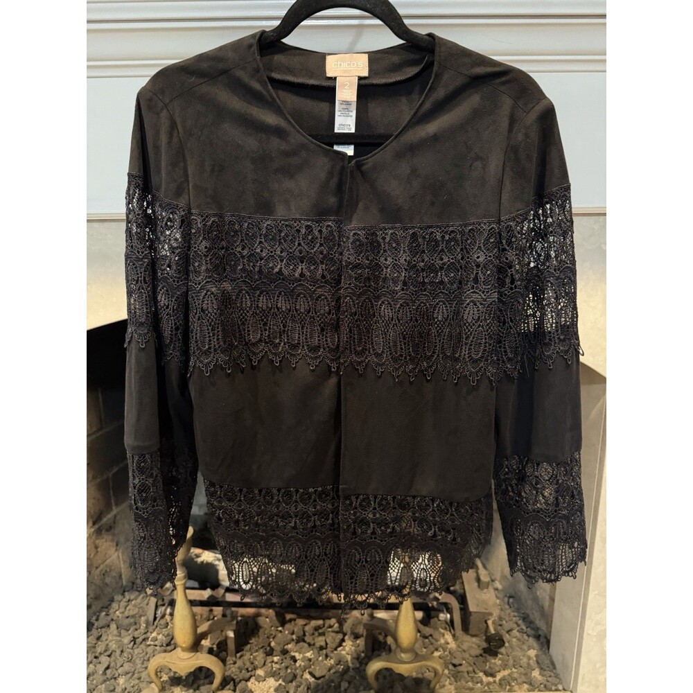 Chico’s Open Front Black Lace Laser With Light Suede Material Size Large